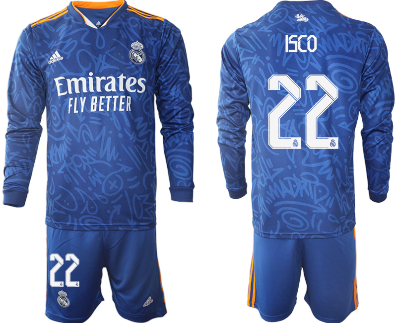 Men 2021-2022 Club Real Madrid away blue Long Sleeve #22 Soccer Jersey->real madrid jersey->Soccer Club Jersey